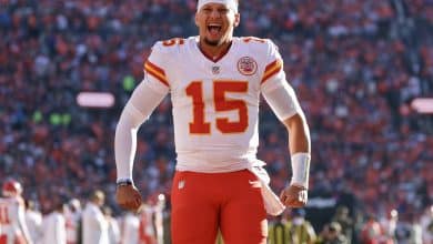Patrick Mahomes #15 of the Kansas City Chiefs yells before the game against the Denver Broncos