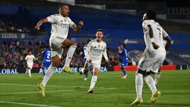 GETAFE, SPAIN - OCTOBER 19: Kylian Mbappe of Real Madrid celebrates scoring his team's first goal with teammates Arda Gueler and Vinicius Junior during the LaLiga EA Sports match between Getafe CF and Real Madrid CF at Coliseum Alfonso Perez on October 19, 2025 in Getafe, Spain.