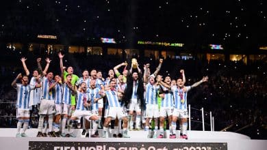 Lionel Messi of Argentina (C) celebrate with their FIFA World Cup Qatar 2022 trophy