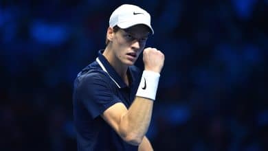 TURIN, ITALY - NOVEMBER 16: Jannik Sinner of Italy celebrates against Casper Ruud of Norway during the Men's Semi Final match on Day Seven of the Nitto ATP finals 2024 at the Inalpi Arena on November 16, 2024 in Turin, Italy.