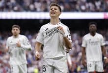 MADRID, SPAIN - MAY 04: Arda Guler player of Real Madrid celebrates after scoring a goal during the La Liga match between Real Madrid CF and RC Celta de Vigo at Estadio Santiago Bernabeu on May 04, 2025 in Madrid, Spain.