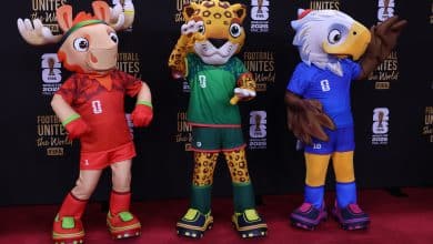 FIFA World Cup mascots Maple the Moose of Canada, Zayu the Jaguar of Mexico, and Clutch the Eagle
