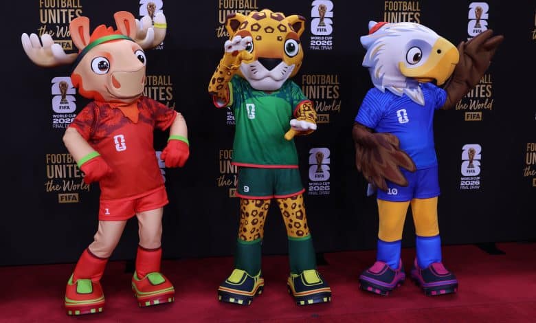 FIFA World Cup mascots Maple the Moose of Canada, Zayu the Jaguar of Mexico, and Clutch the Eagle