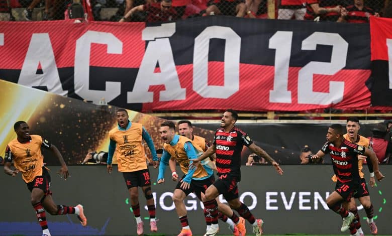 Flamengo's defender #13 Danilo (C) celebrates scoring his team Flamengo's first goal