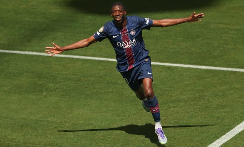 EAST RUTHERFORD, NEW JERSEY - JULY 09: Ousmane Dembele #10 of Paris Saint-Germain celebrates scoring his team's second goal during the FIFA Club World Cup 2025 semi-final match between Paris Saint-Germain and Real Madrid CF at MetLife Stadium on July 09, 2025 in East Rutherford, New Jersey.