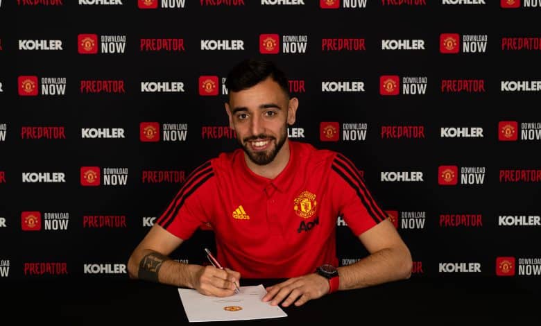 MANCHESTER, ENGLAND - JANUARY 30: (EXCLUSIVE COVERAGE) Bruno Fernandes of Manchester United poses after signing for the club at Aon Training Complex on January 30, 2020 in Manchester, England.
