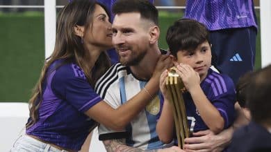 LUSAIL CITY, QATAR - DECEMBER 18: Lionel Messi of Argentina with his wife Antonella Roccuzzo and their sons celebrate following the FIFA World Cup Qatar 2022 Final match between Argentina and France at Lusail Stadium on December 18, 2022 in Lusail City, Qatar.