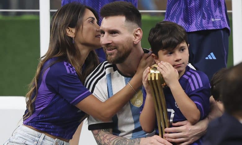 LUSAIL CITY, QATAR - DECEMBER 18: Lionel Messi of Argentina with his wife Antonella Roccuzzo and their sons celebrate following the FIFA World Cup Qatar 2022 Final match between Argentina and France at Lusail Stadium on December 18, 2022 in Lusail City, Qatar.