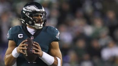 HILADELPHIA, PA - JANUARY 21: Jalen Hurts #1 of the Philadelphia Eagles looks to pass against the New York Giants during the NFC Divisional Playoff game at Lincoln Financial Field on January 21, 2023 in Philadelphia, Pennsylvania. (