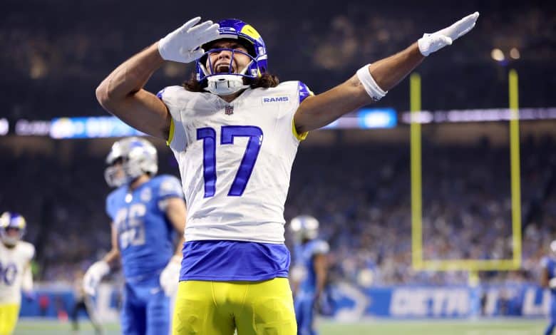 DETROIT, MICHIGAN - JANUARY 14: Puka Nacua #17 of the Los Angeles Rams celebrates after scoring a touchdown during the second quarter against the Detroit Lions in the NFC Wild Card Playoffs at Ford Field on January 14, 2024 in Detroit, Michigan.