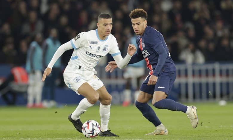 Paris, France - March 16: Mason Greenwood of Olympique Marseille in action during the Ligue 1 football match between Paris Saint-Germain and Olympique de Marseille at Parc des Princes stadium on March 16, 2025 in Paris, France.