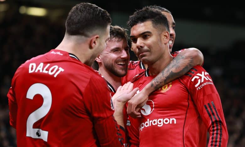 MANCHESTER, ENGLAND - DECEMBER 15: Casemiro of Manchester United celebrates scoring their second goal with Diogo Dalot and Mason Mount during the Premier League match between Manchester United and Bournemouth at Old Trafford on December 15, 2025 in Manchester, England.