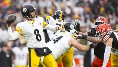 CLEVELAND, OHIO - DECEMBER 28: Aaron Rodgers #8 of the Pittsburgh Steelers throws the ball during an NFL football game against the Cleveland Browns at Huntington Bank Field on December 28, 2025 in Cleveland, Ohio.