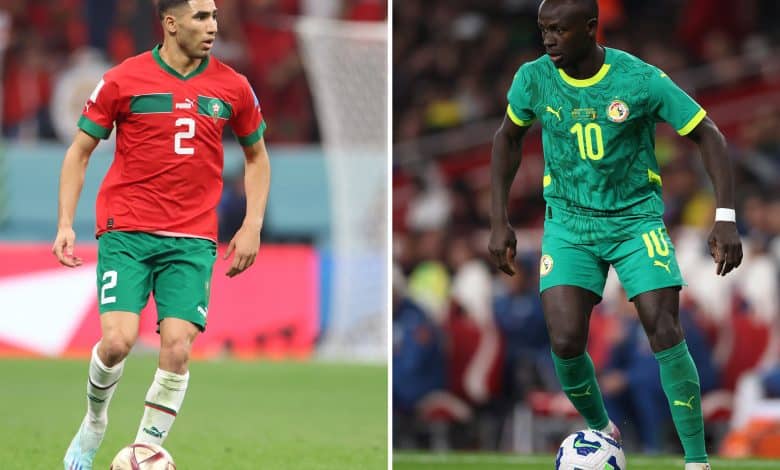 FILE PHOTO (EDITORS NOTE: COMPOSITE OF IMAGES - Image numbers 1449393850, 2246917190) In this composite image, a comparison has been made between Achraf Hakimi of Morocco (L) and Sadio Mane of Senegal. Senegal and Morocco meet in the CAF Africa Cup of Nations final at the Prince Moulay Abdellah Stadium on January 18,2026 in Rabat, Morocco. ***LEFT IMAGE*** AL KHOR, QATAR - DECEMBER 14: Achraf Hakimi of Morocco during the FIFA World Cup Qatar 2022 semifinal match between France and Morocco at Al Bayt Stadium on December 14, 2022 in Al Khor, Qatar. (Photo by Catherine Ivill/Getty Images) ***RIGHT IMAGE*** LONDON, ENGLAND - NOVEMBER 15: Sadio Mane of Senegal controls the ball during the International Friendly between Brazil and Senegal at Emirates Stadium on November 15, 2025 in London, England.
