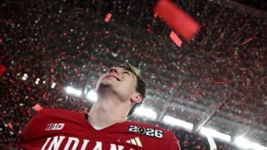 MIAMI GARDENS, FLORIDA - JANUARY 19: Fernando Mendoza #15 of the Indiana Hoosiers celebrates after defeating Miami Hurricanes 27-21 in the 2026 College Football Playoff National Championship at Hard Rock Stadium on January 19, 2026 in Miami Gardens, Florida.
