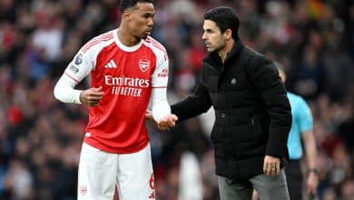 LONDON, ENGLAND - OCTOBER 26: Mikel Arteta, Manager of Arsenal, speaks with Gabriel of Arsenal during the Premier League match between Arsenal and Crystal Palace at Emirates Stadium on October 26, 2025 in London, England.