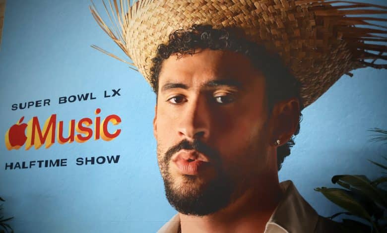 Super Bowl Headliner - SAN FRANCISCO, CALIFORNIA - FEBRUARY 04: An advertisement for the Super Bowl LX Halftime show featuring Bad Bunny is seen in the Super Bowl LX Media Center at the Moscone Center on February 04, 2026 in San Francisco, California.